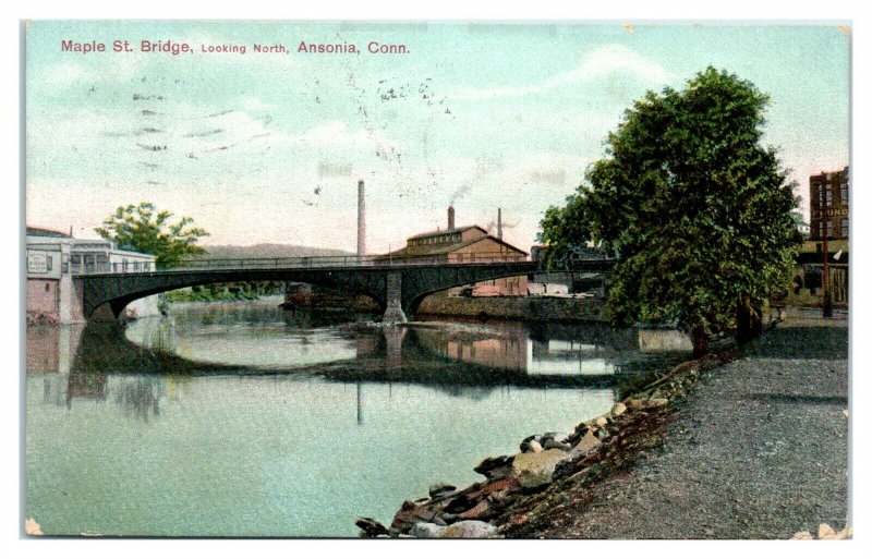 1910 Maple Street Bridge looking North, Ansonia, CT Postcard *6I1