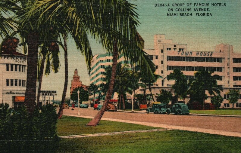 Vintage Postcard 1930's Group of Famous Hotels on Collins Avenue Miami Beach FL