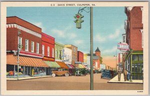 Davis Street Culpeper VA Linen Postcard Vintage Cars Drugs Store 1940s H83