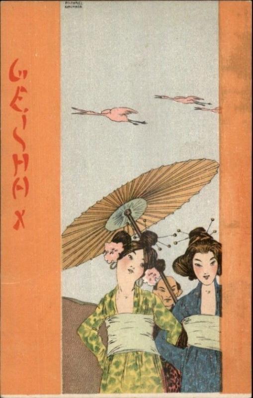 Raphael Kirchner Geisha Series - Parasol c1905 Postcard - Art Deco Nouveau