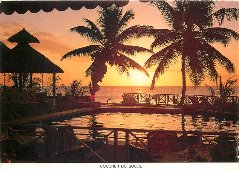 Mauritius sunset between coconut trees Merville hotel Postcard
