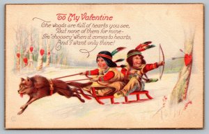 Postcard To My Valentine Indian Children Riding Sled Snow Pulled By Fox Sled Dog