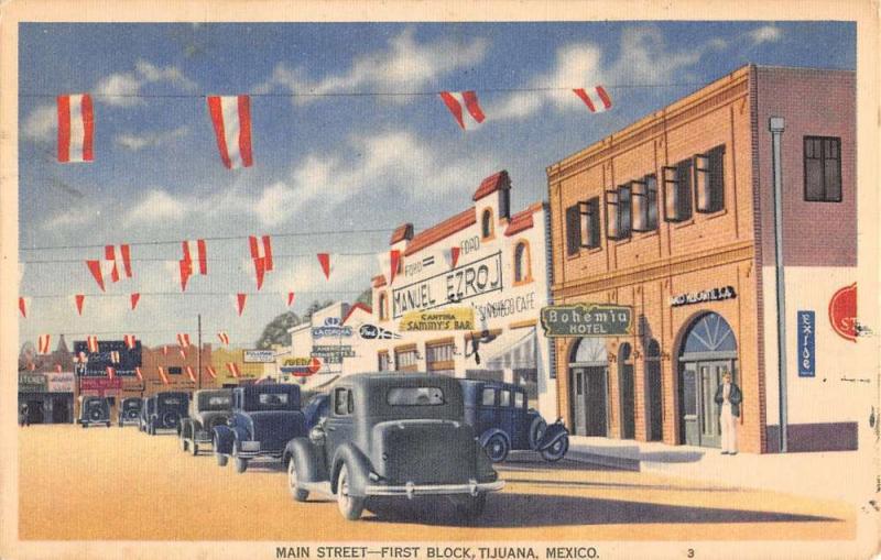 Tijuana Mexico Main Street First Block Linen Antique Postcard K12079