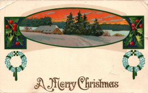 Vintage Postcard 1911 A Merry Christmas Greetings Card Winter Snow Holly Berries