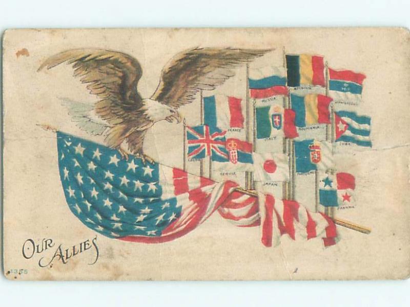 Pre-Linen patriotic EAGLE ON USA FLAG & WWI ALLY FLAGS - UK FRANCE RUSSIA W6887