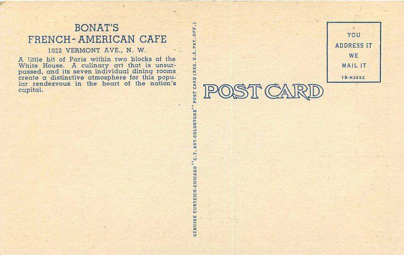 1940s Washington DC Bonat French Cafe Restaurant Linen Advertising Postcard