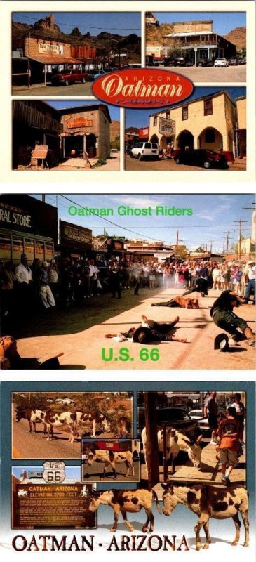 3~4X6 Postcards Oatman, AZ Arizona STREET SCENES~GUNFIGHT SHOW~BURROS Route 66