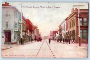 Albany Oregon Postcard First Street Looking West Exterior Building 1909 Vintage