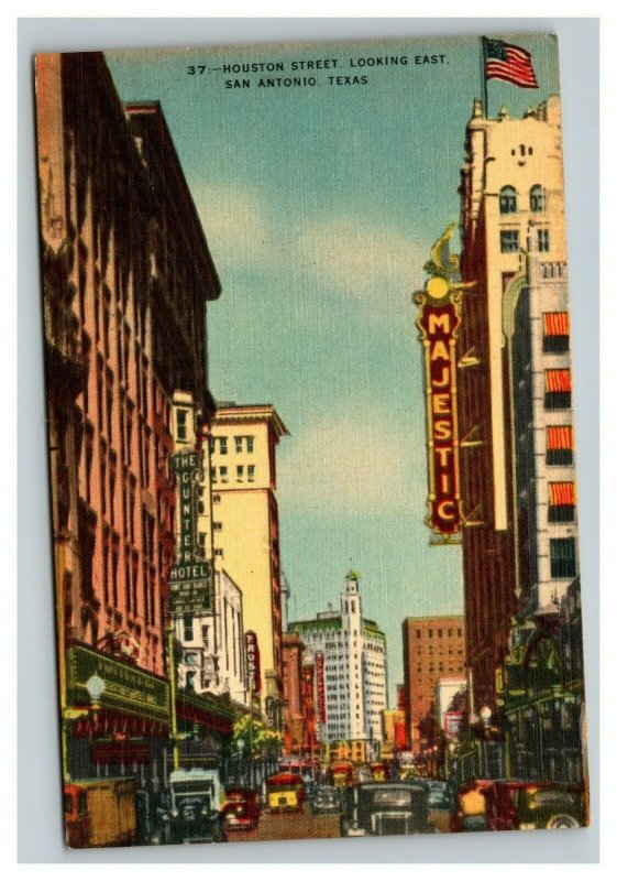 Vintage 1930's Linen Postcard Houston Street Majestic Theatre San Antonio TX