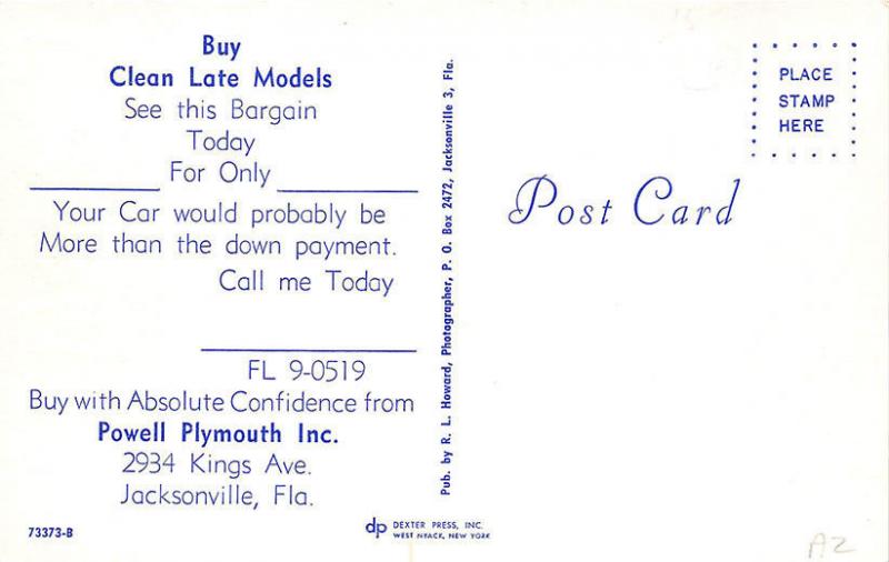 Jacksonville FL Powell Plymouth Dealership Postcard