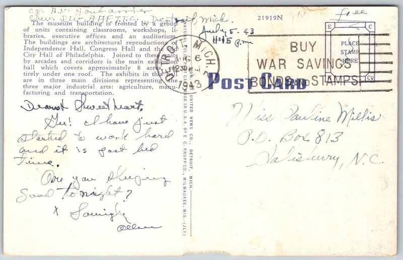 Dearborn Michigan 1943 Postcard Edison Insitute Museum