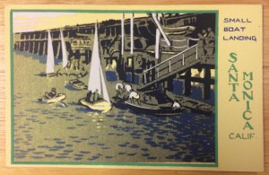 SANTA MONICA, CA Small Boat Landing Sailboats ca 1940s Serigraph Art Postcard