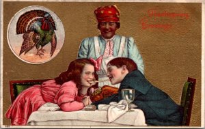 Thanksgiving Postcard Black Woman Serving Two Children Eating Turkey Dinner