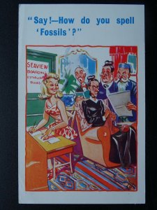 Seaside Boarding House Theme SAY HOW DO YOU SPELL FOSSILS? c1950s Comic Postcard