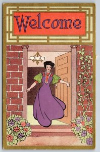 Welcome~Lovely Lady In Purple Gown w/Arms Wide~Orange~Lime~Gold~1909 Art Nouveau