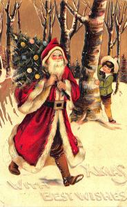 Christmas Santa Claus Hiking Thru Woods with Tree Christmas Seal 1909 Postcard