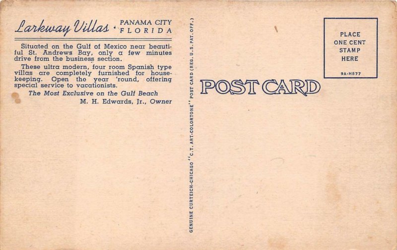 LARKWAY VILLAS PANAMA CITY FLORIDA MOTEL ADVERTISING POSTCARD (c. 1940s)