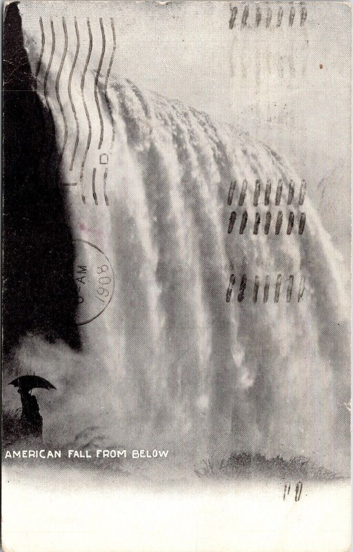 American Fall From Below BW Waterfall Antique Divided Back Postcard Windsor Ont 