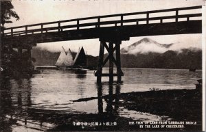 Japan Nikko View Lake of Chuzenjiko from Ojiribashi Bridge Vintage Postcard C225