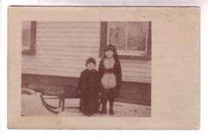 Real Photo, Two Children, Jennie and Fred with a Sleigh, Winter