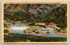 Oregon~Air View Of Bonneville Dam Looking Upstream~PM 1948~Vtg Linen Postcard