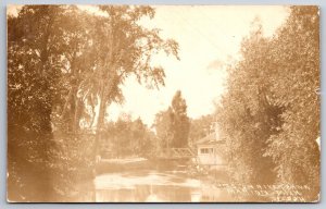 Marion Michigan~Wagon Truss Bridge~House~Elm Trees On River Bank~1916 RPPC