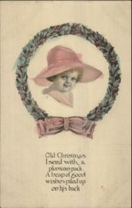 Christmas - Little Girl in Hat Wreath Border & Poem c1910 Postcard