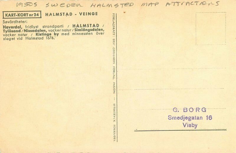 Sweden Halmsted Map Attractions1950s Postcard 21-12123