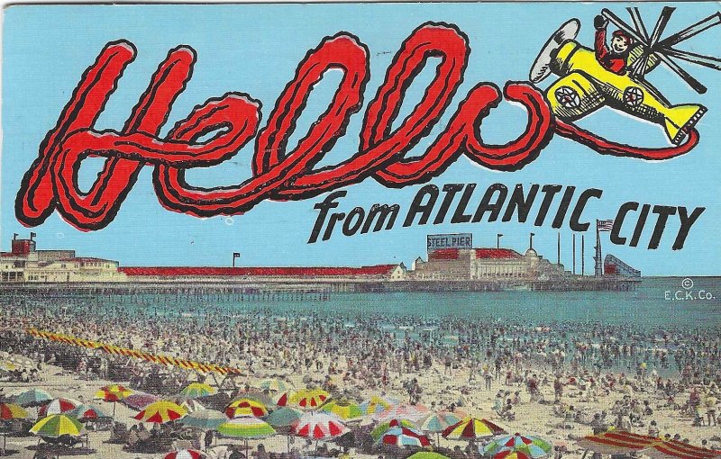 1947 Hello from Atlantic City, New Jersey Airplane Greetings Linen Postcard