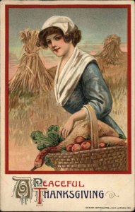 Thanksgiving - Winsch Schmucker Beautiful Woman Turkey/Fruit Basket Postcard