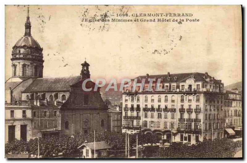 Old Postcard Clermont Ferrand Des Minimes Church and Grand Hotel De La Poste