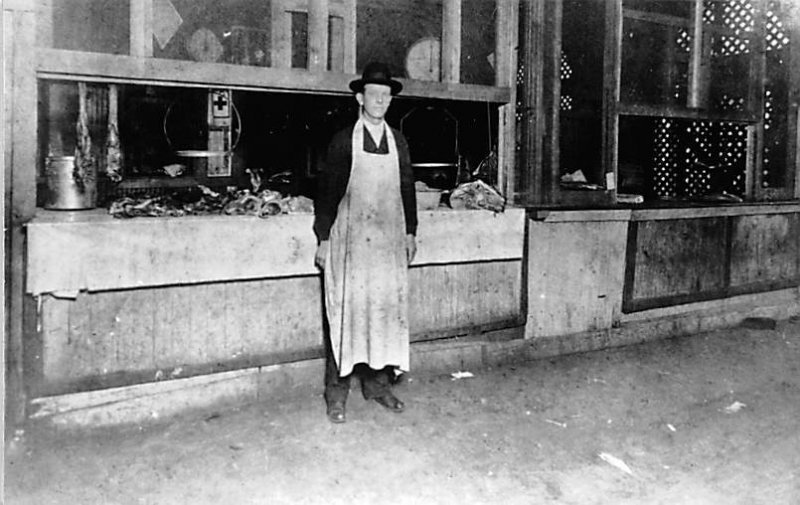 Man Outside of a Butcher Shop Real Photo Occupation, Butcher Unused 