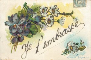 Embossed flowers fantasy greetings lilac daisy embrace France 1904