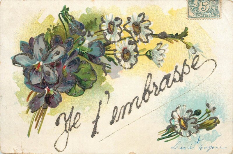 Embossed flowers fantasy greetings lilac daisy embrace France 1904