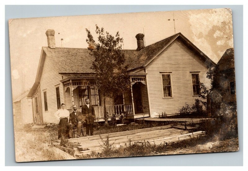 Vintage 1900's RPPC Postcard Family Portrait in Front of Residential Suburb Home 