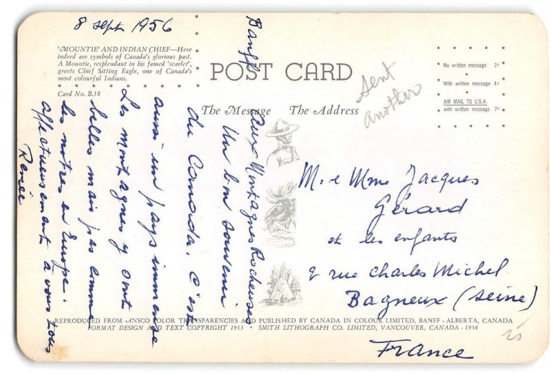 MOUNTIE & INDIAN CHIEF Sitting Eagle CANADA 1950s 4x6 Chrome Vintage Postcard