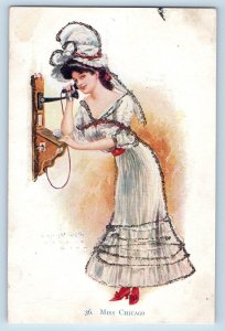 Archie Gunn Signed Postcard Miss Chicago Pretty Woman Telephone Glitter c1910's