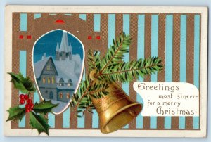 Christmas Postcard Greetings Ringing Bell Berries Church Winter Scene Nash