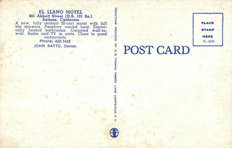 Salinas Calif. El Llano Motel postcard aj174