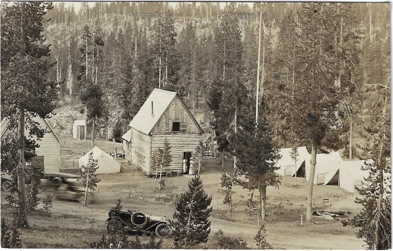 Cabin, Tents, Early Automobiles at Crater Lake Oregon Real Photo Postcard RPPC