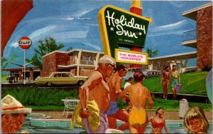 Holiday Inn Walterboro SC Gulf Gas Pool Swimmers Great Illustration vtg Postcard