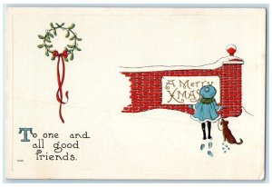 c1910's Christmas Little Girl Dog Mistletoe Ribbon Embossed Antique Postcard