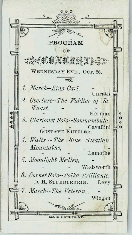 1870's Engraved Concert Program Card King Carl March Owl Moon Tree Night  P147 