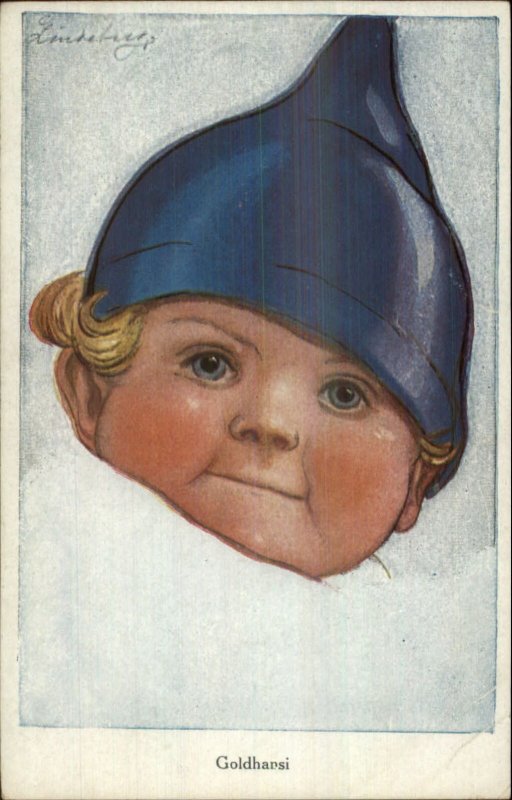 Cute Little Boy Blue Eyes POInted Blue Hat GOLDHARSI Signed c1910 Postcard