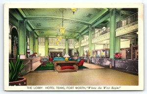 1930s FORT WORTH TX HOTEL TEXAS LOBBY ART DECO ADVERTISING POSTCARD P1463