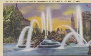 Pennsylvania Philadelphia Fountain On Parkway Showing Cathedral Of St Peter A...
