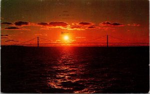 Mackinac Straits Bridge Mackinaw City St Ignace Michigan Sunset Chrome Postcard 