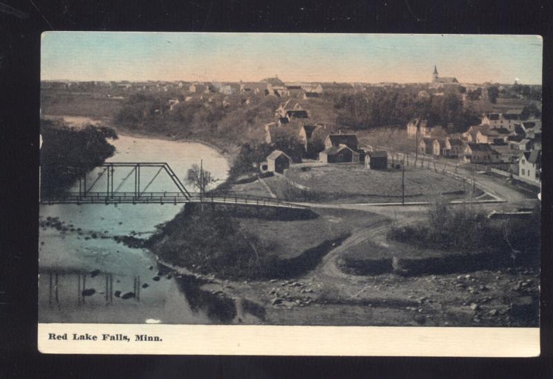 RED LAKE FALLS MINNESOTA BIRDSEYE VIEW BRIDGE ANTIQUE VINTAGE POSTCARD