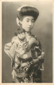 RPPC Photo Postcard Japanese Woman in Kimono With Doll