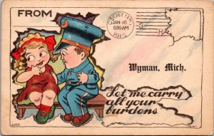 Postcard Let Me Carry All Your Burdens Policeman and Woman Wyman, Michigan